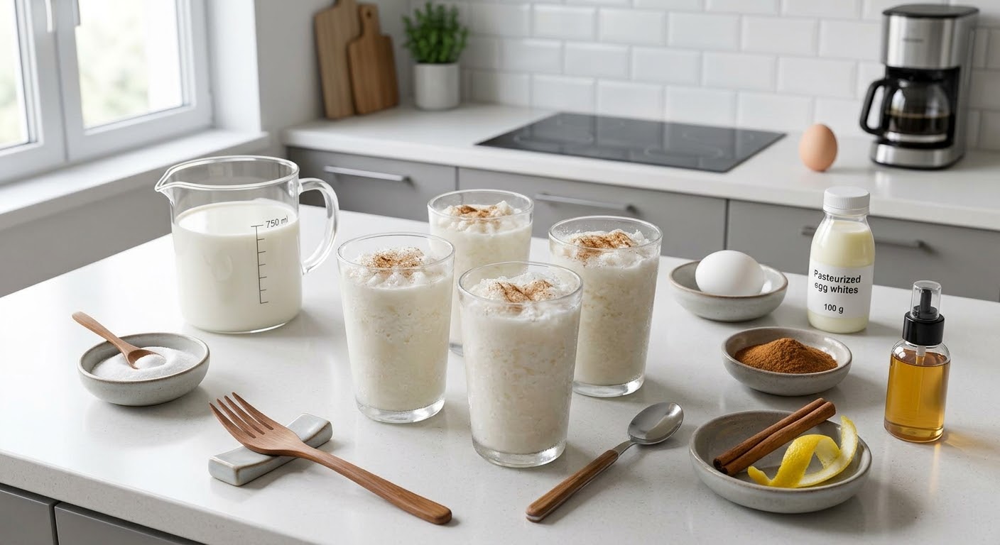 Vista de cuatro vasos de cristal llenos de leche merengada fría y espumosa, espolvoreada con canela molida por encima, reposando sobre la encimera blanca de una cocina moderna y luminosa. Alrededor de los vasos se distribuyen ordenadamente los ingredientes de la receta: una jarra medidora de cristal con leche, un bote de claras de huevo pasteurizadas, un platito con ramas de canela y una cáscara de limón, un cuenco con edulcorante granulado y otro con canela en polvo. Al fondo, ligeramente desenfocada, se aprecia una placa de inducción y pequeños electrodomésticos en un ambiente contemporáneo.