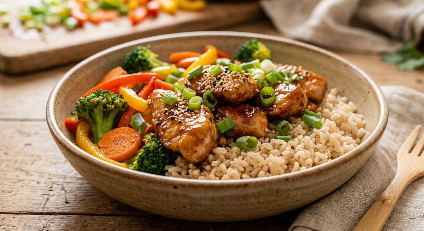 Un apetitoso bol de pollo teriyaki glaseado sobre arroz integral, acompañado de brócoli salteado, zanahorias y pimientos amarillos. El plato está espolvoreado con semillas de sésamo blancas y negras y cebolleta fresca picada. El bol de cerámica rústica se asienta sobre una mesa de madera desgastada, con un tenedor de madera al lado y una tabla de cortar con verduras picadas de fondo.
