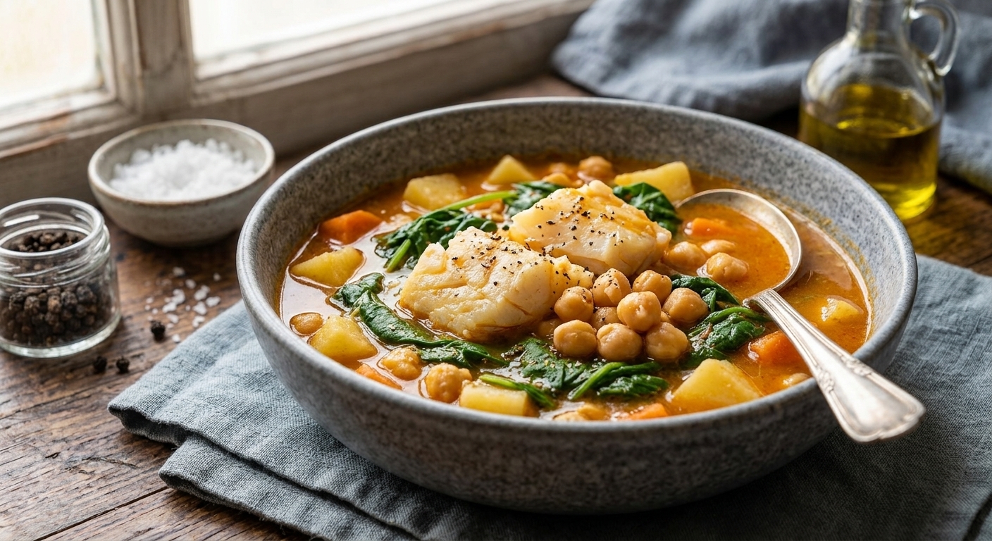 Potaje de garbanzos con espinacas y bacalao, una receta tradicional, nutritiva y rica en proteínas y fibra. Fácil de preparar y perfecta para una comida completa