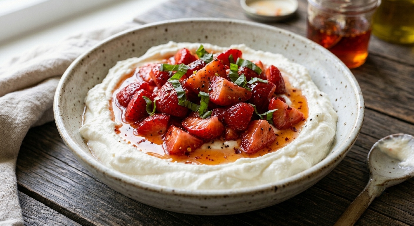 Un bol de cerámica rústica relleno de feta batido cremoso y esponjoso, cubierto con fresas picadas y brillantes cocinadas, todo rociado con un almíbar dorado de miel picante (hot honey) con copos de chile visibles. El plato está adornado con albahaca fresca picada y pimienta negra sobre una mesa de madera rústica, con una cuchara de madera y un tarro de miel al fondo. Enfoque nítido en la textura de la comida con luz natural.