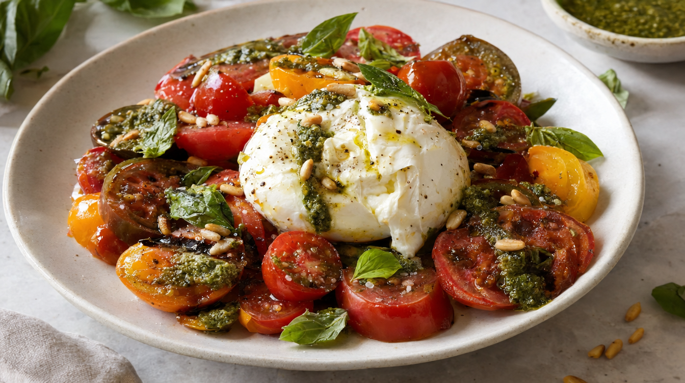 Ensalada de burrata, tomate y pesto