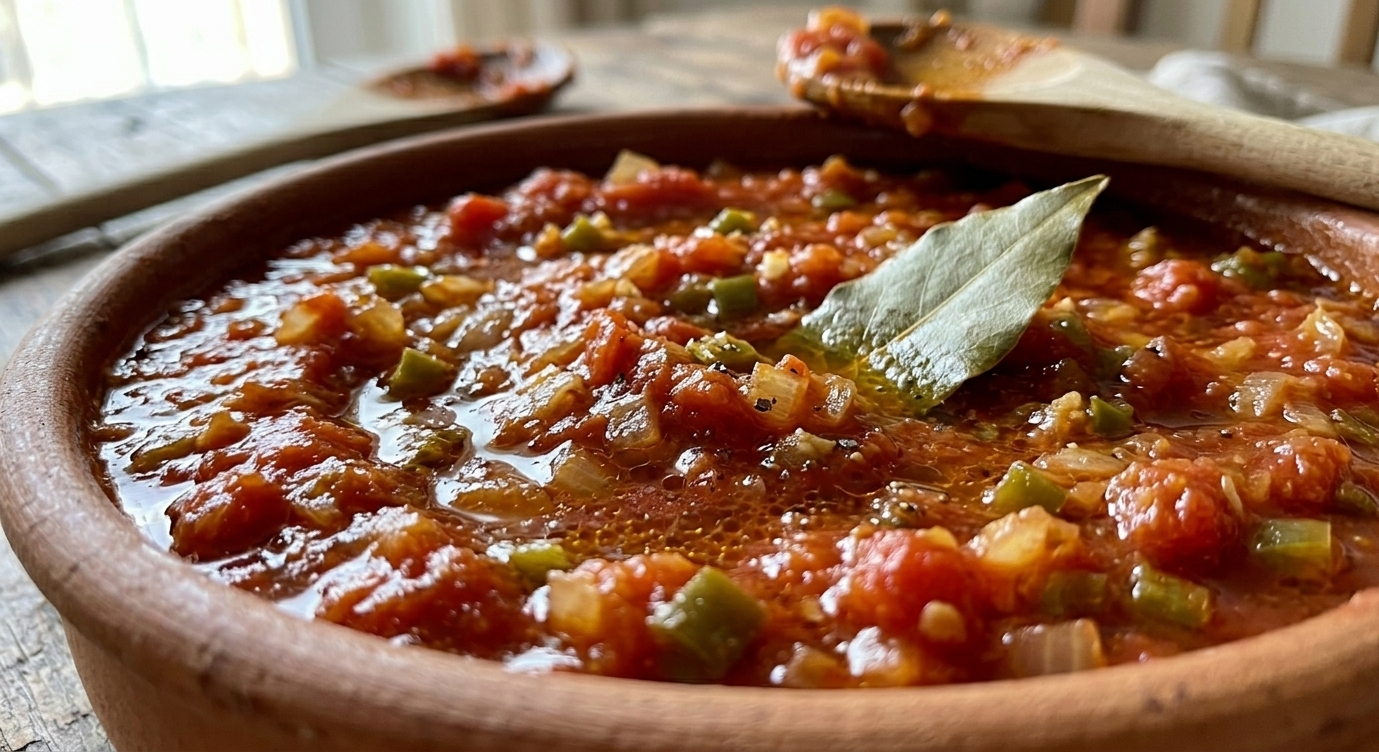 Un primer plano de una cazuela de barro rústica llena de salsa de tomate casera espesa y guisada (como pisto o sofrito) con trozos visibles de tomate, cebolla y pimiento verde picado. Una hoja de laurel seca descansa en el centro. Una cuchara de madera está colocada sobre el borde de la cazuela en una mesa de madera rústica con luz natural al fondo.