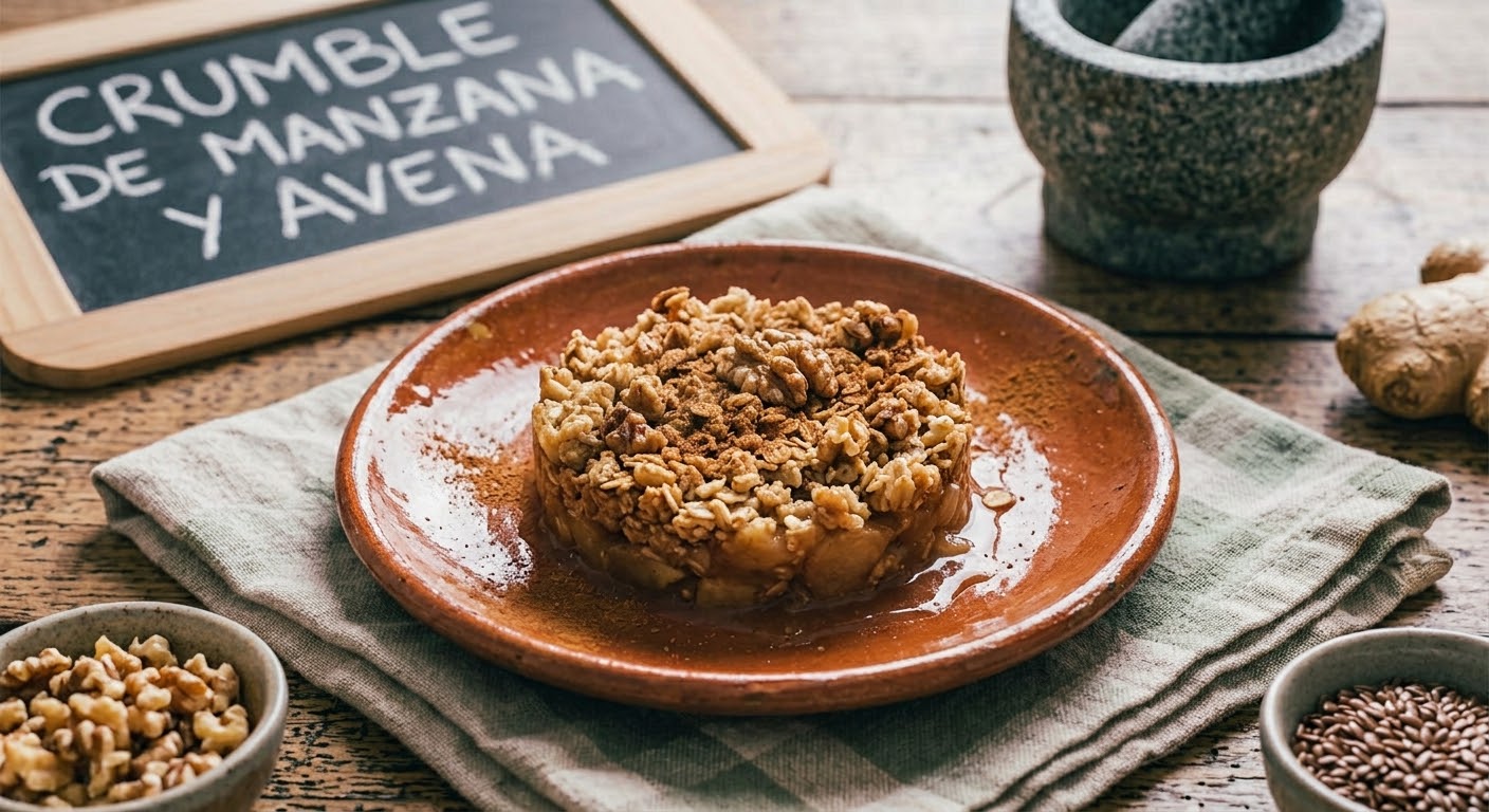 Un postre individual de crumble de manzana y avena sobre un plato de cerámica rústico, cubierto con nueces y canela. A la izquierda, una pizarra pequeña con marco de madera tiene escrito 'CRUMBLE DE MANZANA Y AVENA' en tiza. El plato descansa sobre un mantelito de lino verde en una mesa de madera. En el primer plano, cuencos con nueces picadas y semillas de lino; en el fondo, un mortero de piedra y jengibre fresco."