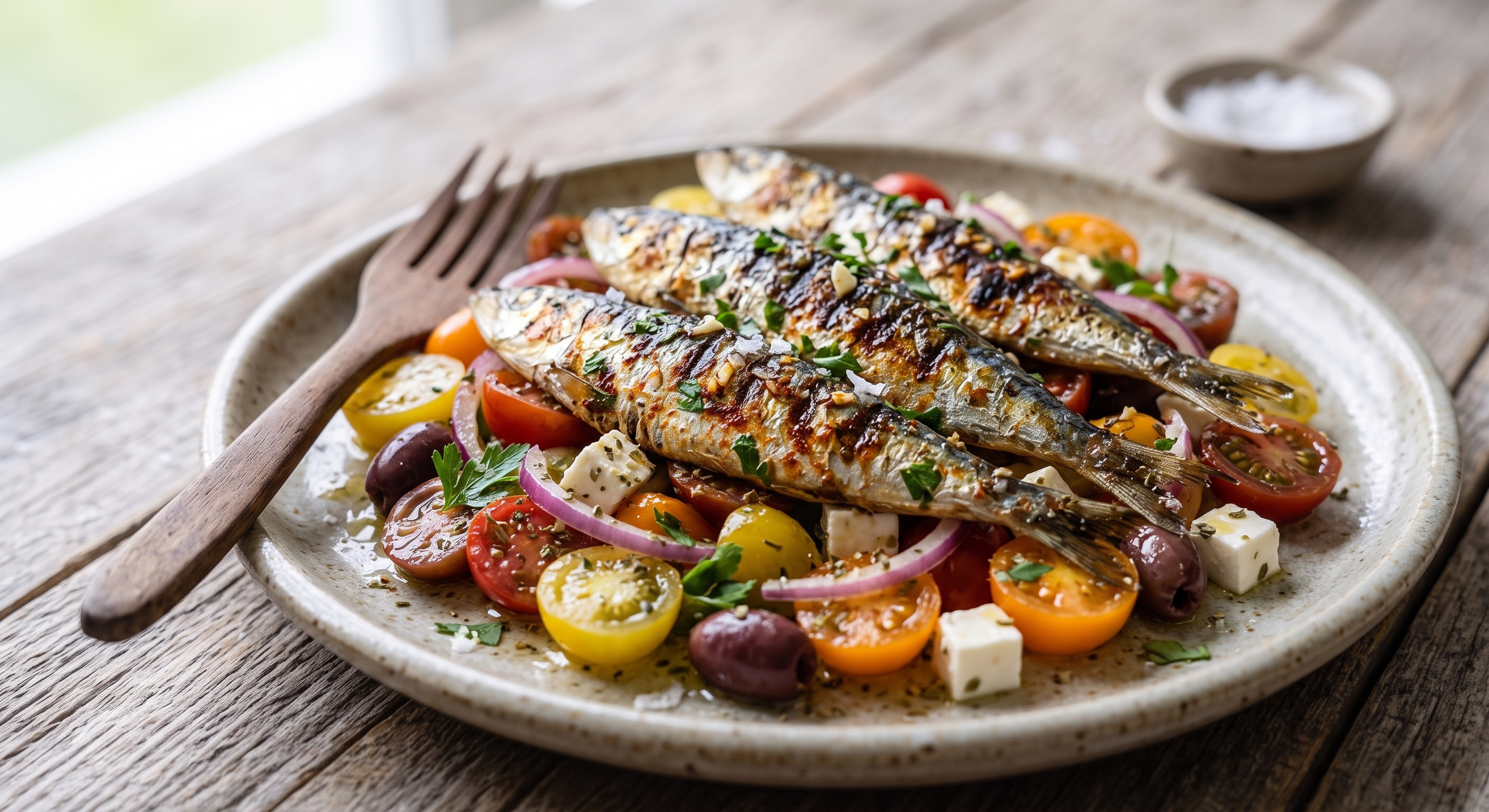 Un plato rústico de cerámica que presenta tres sardinas asadas a la parrilla sobre una colorida ensalada mediterránea de tomates cherry, queso feta, aceitunas Kalamata y cebolla roja, sazonada con perejil fresco. Un tenedor de madera descansa a la izquierda sobre una mesa de madera rústica, con un cuenco de sal desenfocado al fondo.