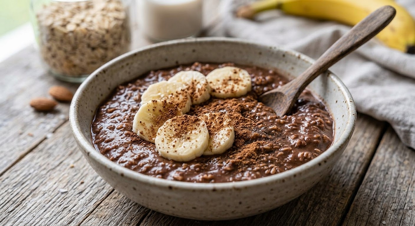 Un bol de cerámica rústico lleno de gachas de chocolate (porridge) espeso y cremoso, cubierto con rodajas de plátano fresco y espolvoreado con cacao en polvo, sobre una mesa de madera de tablones desgastada. Una cuchara de madera está sumergida en el bol. Al fondo, borrosos, se ven un frasco de vidrio con copos de avena, un vaso de leche, un plátano entero y un paño de lino.