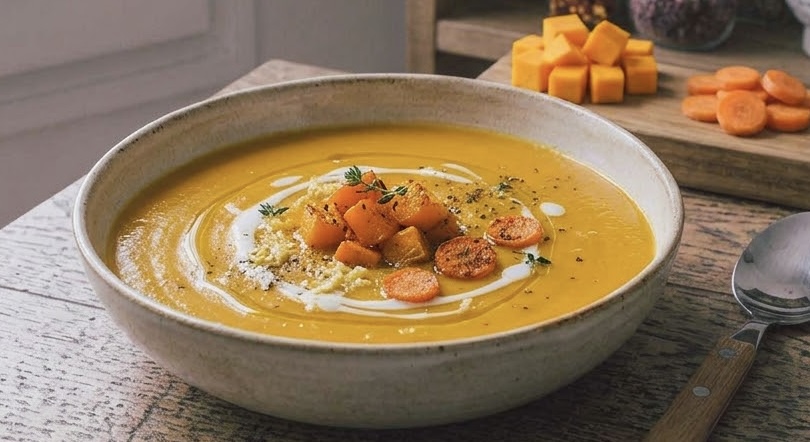 Un tazón de cerámica rústica lleno de sopa cremosa de calabaza y zanahoria con guarnición asada y tomillo fresco, sobre una mesa de madera. A su lado hay una cuchara y detrás ingredientes crudos preparados y frascos de especias