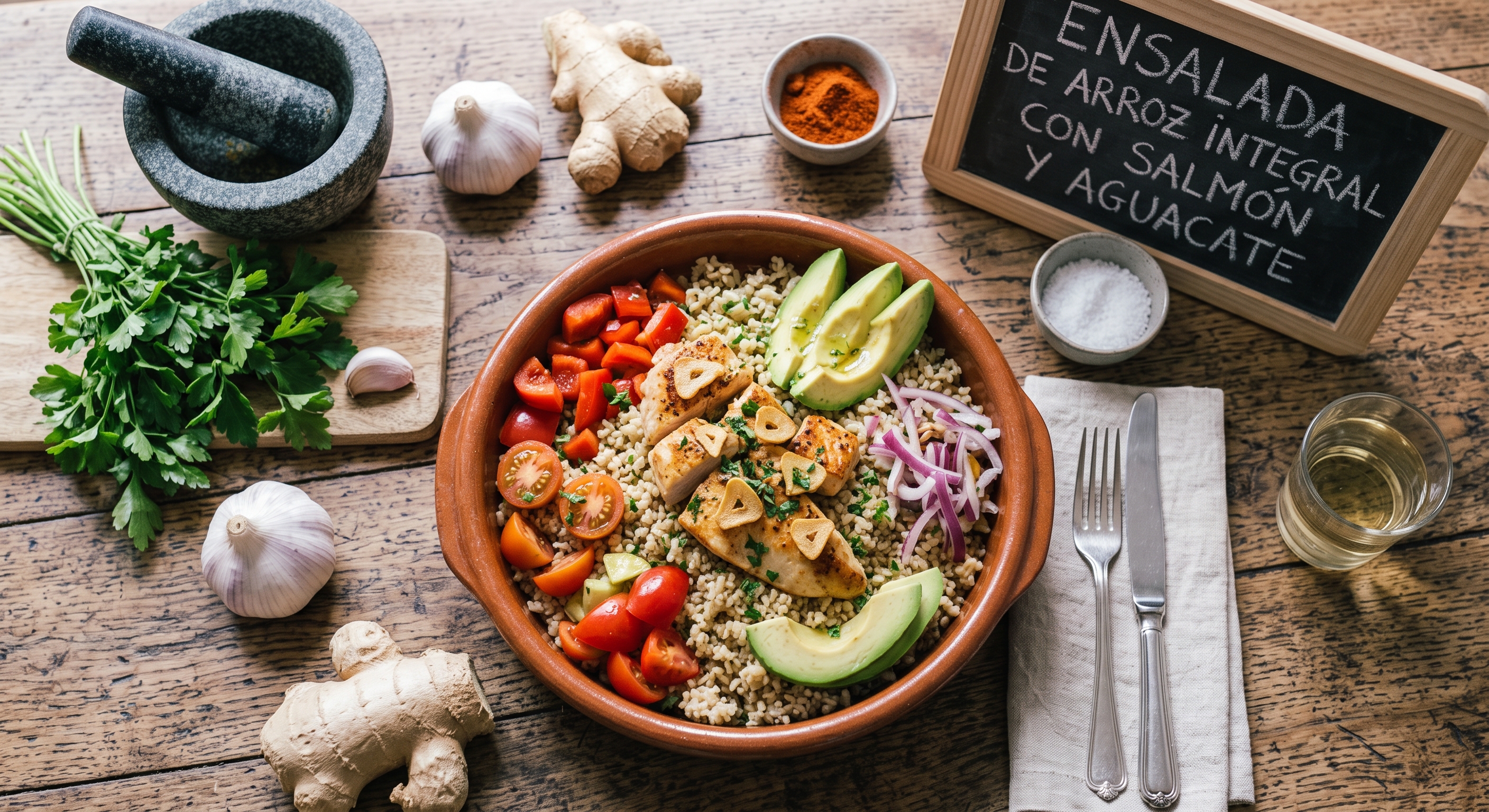 Vista aérea de un bol de ensalada de arroz integral con salmón y aguacate, rodeado de ingredientes frescos en una mesa de madera rústica.