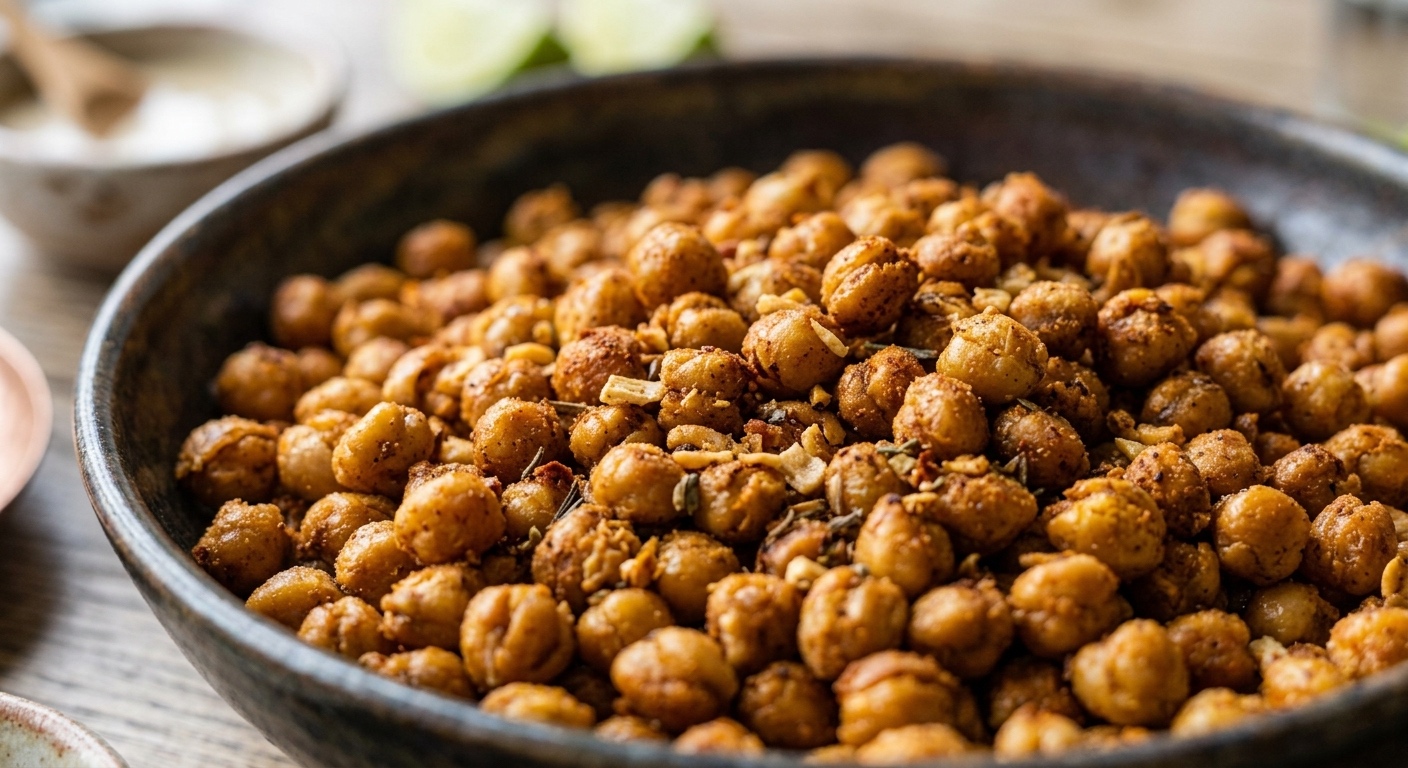 Un cuenco de cerámica oscuro repleto de garbanzos asados crujientes de color marrón dorado, sazonados con pimentón visible, semillas de comino y hierbas secas, servido en una cálida mesa de madera con salsa y limas desenfocadas.