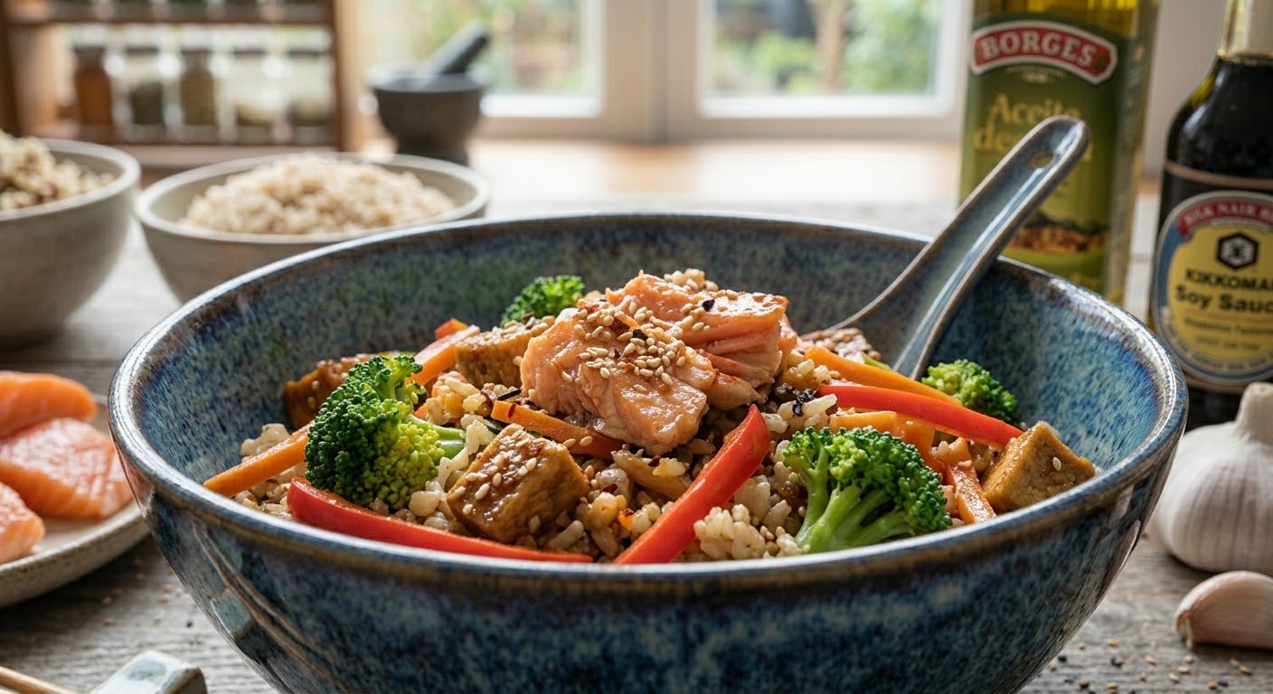 Un primer plano de un cuenco de cerámica azul texturizado sobre una mesa de madera rústica, lleno de un salteado de arroz integral con brócoli, tofu frito, pimientos y zanahorias, coronado con salmón cocido y semillas de sésamo. Al fondo, borrosos, se ven botellas de aceite Borges y salsa de soja Kikkoman, otros cuencos de arroz y un mortero.