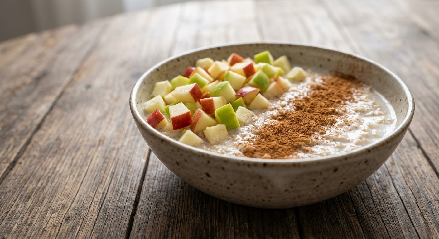 imagen: Primer plano en ángulo de un tazón de cerámica moteada lleno de gachas de avena cremosa. La mitad derecha del tazón está generosamente espolvoreada con canela molida, y la mitad izquierda está cubierta con coloridos cubos frescos de manzanas rojas y verdes. El tazón descansa sobre una mesa de madera rústica y texturizada con tablones visibles. El fondo está suavemente desenfocado con luz natural suave.