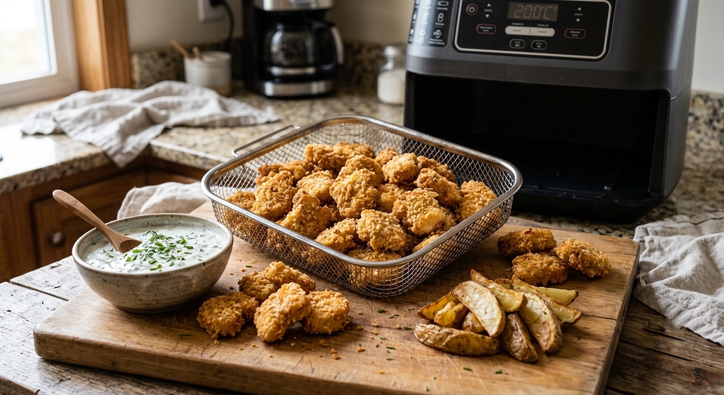 Una toma de estilo rústico en una encimera de cocina. En el centro, una cesta de malla metálica llena de nuggets de pollo crujientes y dorados se asienta sobre una tabla de cortar de madera. A la izquierda hay un bol de cerámica con una salsa cremosa de hierbas y una pequeña cuchara de madera. A la derecha, un montón de gajos de patata asada. Al fondo, a la derecha, hay una freidora de aire digital con el panel de control encendido mostrando "200°C"