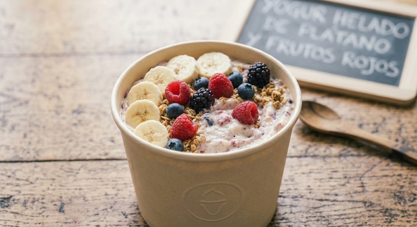Vaso de papel con yogur helado de plátano y frutos rojos, cubierto con granola y frutas frescas variadas.