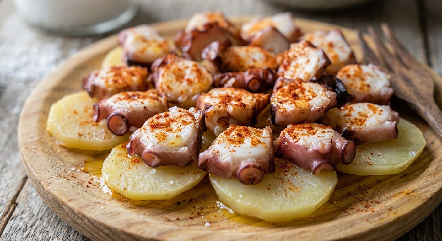 Primer plano de un plato de madera rústico con pulpo a la gallega (polbo á feira). Rodajas de pulpo espolvoreadas con pimentón se asientan sobre rodajas de patata cocida, todo ello rociado con aceite de oliva y sal gruesa. Un tenedor de madera y un tazón de sal están desenfocados en el fondo sobre una mesa de madera desgastada.