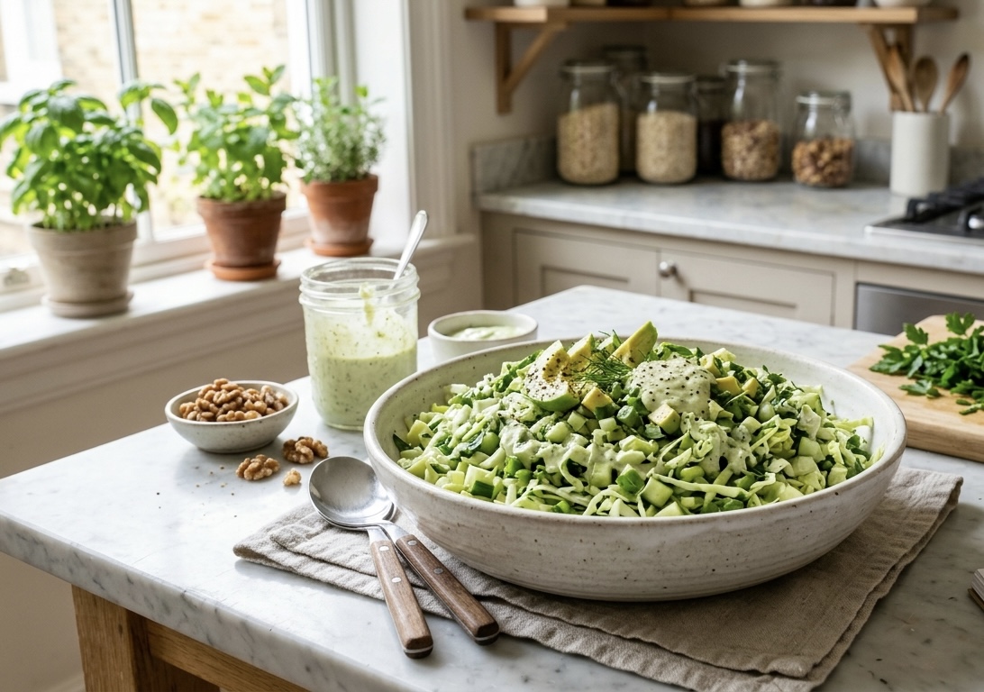 Una foto brillantemente iluminada de un gran cuenco de cerámica lleno de una vibrante "Ensalada Diosa Verde" (hecha de verduras de hoja, pepino, cebolleta y aderezo cremoso) en una encimera de cocina de mármol. Al lado hay un frasco de aderezo verde cremoso, un cuenco pequeño de nueces y un cuaderno abierto con el texto escrito a mano "NUTRITION BLOG / RECIPE: GREEN GODDESS SALAD". El fondo muestra plantas de albahaca en macetas en el alféizar de una ventana y una tabla de cortar con pepino en rodajas y hierbas frescas.
