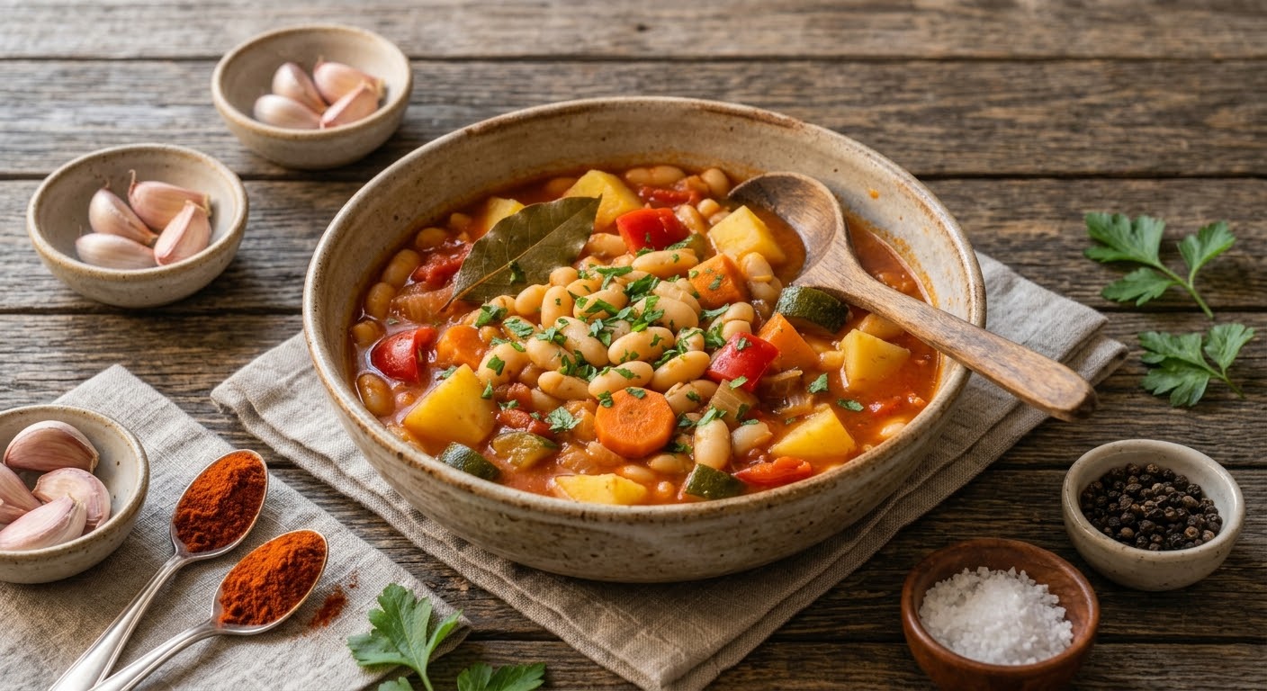 Vista en ángulo de un cuenco de cerámica rústico lleno de un guiso humeante de alubias blancas con trozos de patata, zanahoria, pimiento rojo y calabacín en un caldo rojizo. El plato está decorado con perejil fresco picado y una hoja de laurel entero, con una cuchara de madera descansando en su interior. El cuenco reposa sobre una servilleta de lino gris encima de una mesa de madera desgastada. Alrededor de la servilleta se distribuyen armoniosamente pequeños recipientes e ingredientes crudos: cuencos con dientes de ajo, sal gruesa y granos de pimienta negra, además de dos cucharillas plateadas con pimentón dulce y algunas hojas sueltas de perejil fresco.