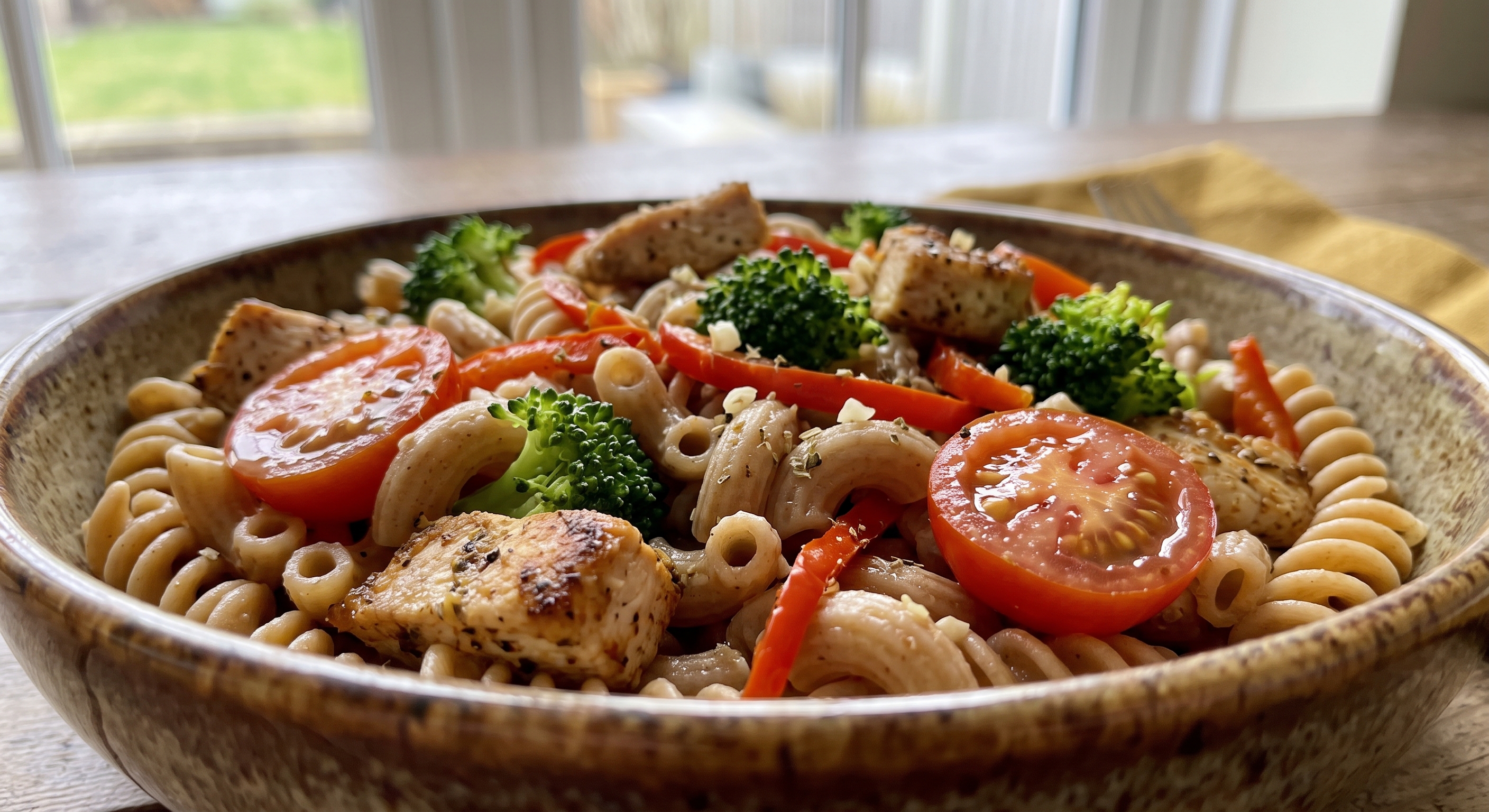 Un primer plano de un tazón de cerámica rústica moteada lleno de una colorida ensalada de pasta integral. El plato contiene pasta fusilli de trigo entero mezclada con cubos de pollo sazonado a la parrilla, ramilletes de brócoli fresco, tiras de pimiento rojo y mitades de tomates cherry. Todo está sazonado con hierbas secas. El tazón descansa sobre una mesa de madera frente a una ventana bien iluminada con vistas a un jardín exterior.