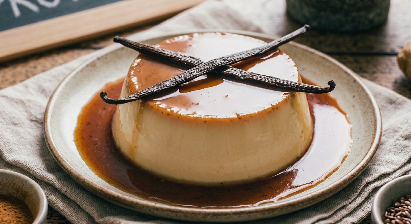 Una toma de primer plano de un flan de vainilla redondo cubierto de caramelo líquido brillante y semillas de vainilla visibles. Dos vainas de vainilla enteras están cruzadas sobre la parte superior en forma de X. Se presenta en un plato de cerámica rústico sobre un paño de lino y una mesa de madera. En el fondo desenfocado, hay pequeños tazones con ingredientes como polvo de cúrcuma y semillas de lino, junto con una pizarra.