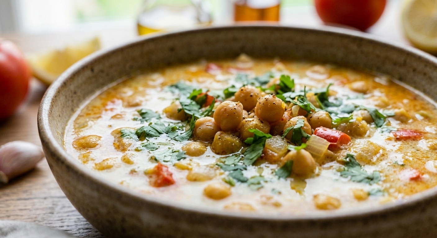 Un primer plano apetitoso de un cuenco de cerámica rústica lleno de un cremoso guiso o curry de garbanzos. El guiso, de color naranja brillante con trozos de pimiento rojo y cebolla, está generosamente cubierto con hojas de cilantro fresco picado y una pizca de pimienta negra molida. El cuenco se asienta sobre una mesa de madera de grano. En el primer plano a la izquierda, hay un diente de ajo entero y un gajo de limón. A la derecha, un paño de lino gris. En el fondo desenfocado, se ven un tomate rojo entero, otro limón y botellas de aceite cerca de una ventana brillante con vegetación verde. La luz natural ilumina la escena.