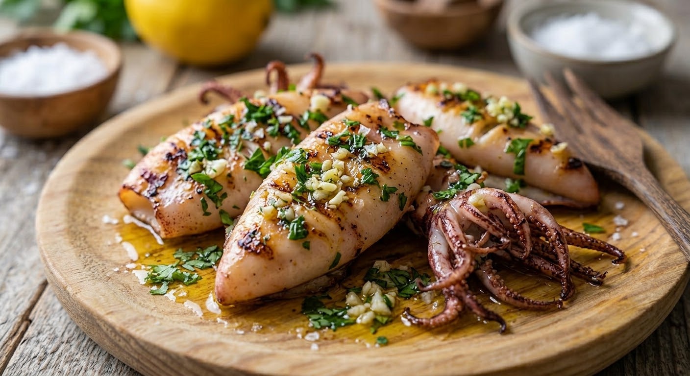 Un primer plano de tres cuerpos de calamar enteros a la plancha y un grupo de tentáculos a la plancha, servidos en un plato de madera rústico redondo. El calamar está cubierto con una mezcla de ajo finamente picado y perejil fresco. Al fondo, borrosos, se ven un limón entero y dos cuencos de sal sobre una mesa de madera desgastada.