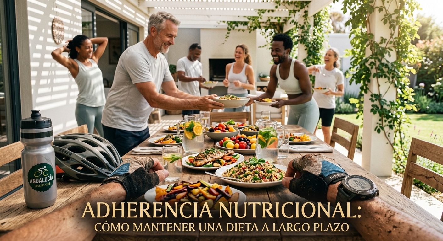 Una toma en primera persona, desde el punto de vista de un ciclista, que mira hacia un grupo de amigos que comparten una comida saludable en un patio soleado y cubierto. En primer plano, se ven las manos del usuario con guantes de ciclismo y un reloj inteligente en la muñeca derecha, descansando sobre una mesa de madera. A la izquierda hay una botella de agua plateada con el texto "ANDALUCÍA CYCLING TEAM" y un casco de ciclismo plateado. Más allá de la mesa, un grupo diverso de seis amigos, todos vestidos con ropa deportiva, ríe e interactúa mientras se pasan platos de comida abundante y saludable. La mesa está llena de platos coloridos, que incluyen ensaladas de cereales con verduras, un pescado asado entero, cuencos de fruta fresca (fresas, uvas, mango), verduras asadas y jarras de agua con infusión de frutas y hierbas. El patio tiene una pérgola, plantas trepadoras y un jardín al fondo. En la parte inferior de la imagen, hay un texto superpuesto prominente en español que dice: "ADHERENCIA NUTRICIONAL: CÓMO MANTENER UNA DIETA A LARGO PLAZO".