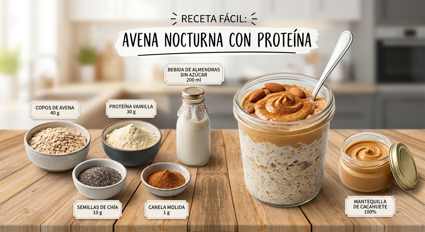 Una infografía fotográfica que muestra los ingredientes y el resultado final de una "RECETA FÁCIL: AVENA NOCTURNA CON PROTEÍNA". En el centro, hay un tarro de cristal transparente lleno de la avena nocturna preparada, coronado con un remolino de mantequilla de cacahuete, almendras enteras y canela en polvo espolvoreada, con una cuchara de plata insertada. Alrededor del tarro, dispuestos sobre una mesa de madera, hay pequeños cuencos y botellas que contienen los ingredientes crudos etiquetados con sus medidas: Copos de Avena (40 g), Proteína Vainilla (30 g), Semillas de Chía (10 g), Canela Molida (1 g), Bebida de Almendras Sin Azúcar (200 ml) y un tarro de Mantequilla de Cacahuete 100%. El fondo es una cocina borrosa pero moderna.