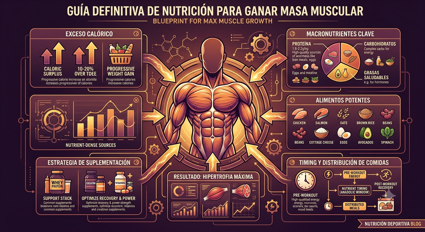 Infografía titulada "GUÍA COMPLETA DE PROTEÍNA", con el subtítulo "Optimiza tu Nutrición: Requerimientos, Fuentes y Timing". El diseño está dividido en tres secciones principales:  "¿CUÁNTA PROTEÍNA? (Requerimientos Diarios Recomendados)": Esta columna detalla los rangos de ingesta recomendados (en gramos por kilogramo de peso corporal) para cuatro perfiles de personas: sedentario (0.8-1.2), actividad moderada (1.2-1.6), atleta de resistencia (1.6-1.8) y atleta de fuerza (1.8-2.2), cada uno con iconos y descripciones de actividad.  "¿DE DÓNDE OBTENERLA? (Fuentes de Proteína de Alta Calidad)": Esta sección presenta fuentes de proteínas animales y vegetales, cada una con un icono de alimento y su contenido de proteína por cada 100 gramos. Las fuentes animales incluyen pollo, salmón, carne de res, huevos, yogur griego y leche. Las fuentes vegetales incluyen lentejas, garbanzos, tofu, quinoa, almendras y frijoles negros.  "¿CUÁNDO CONSUMIRLA? (Timing y Distribución Estratégica)": Esta columna ofrece un plan estratégico de momento de consumo numerado del 1 al 5: 1) Desayuno (inicio energético y saciedad), 2) Pre-entrenamiento (aminoácidos para el ejercicio), 3) Post-entrenamiento (recuperación muscular), 4) Comidas principales (distribución uniforme) y 5) Antes de dormir (recuperación nocturna y síntesis), con iconos de alimentos para cada punto. El fondo de la infografía es azul claro con gráficos de análisis de datos y circuitos tecnológicos.