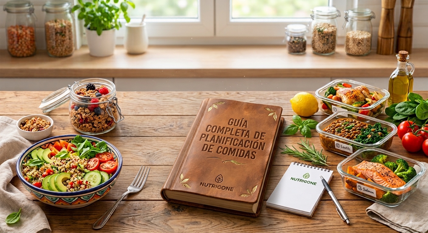 Libro de cuero cerrado con el título "Guía completa de planificación de comidas" de la marca Nutrigone, situado sobre una mesa de madera y rodeado de recipientes de cristal con comida saludable preparada, una ensalada de quinoa y un bloc de notas