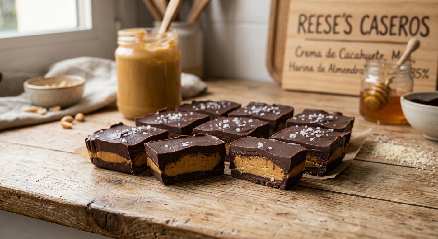 Una fotografía de comida rústica que muestra una disposición de cuadrados de mantequilla de cacahuete caseros cubiertos de chocolate, espolvoreados con cristales de sal marina en escamas. Están colocados sobre una mesa de madera texturizada en una cocina, con los cuadrados frontales cortados para revelar sus capas internas de base oscura, mantequilla de cacahuete gruesa y chocolate negro. En el fondo hay un tarro abierto de mantequilla de cacahuete con una cuchara de madera, un cuenco de cacahuetes tostados, un tarro de miel con un palito de miel, harina de almendra y chocolate derretido. A la derecha, un panel de madera grabado dice "REESE'S CASEROS" con una lista de ingredientes en español que incluye "Crema de Cacahuate, Miel, Harina de Almendra...85%". La escena está iluminada por luz natural.