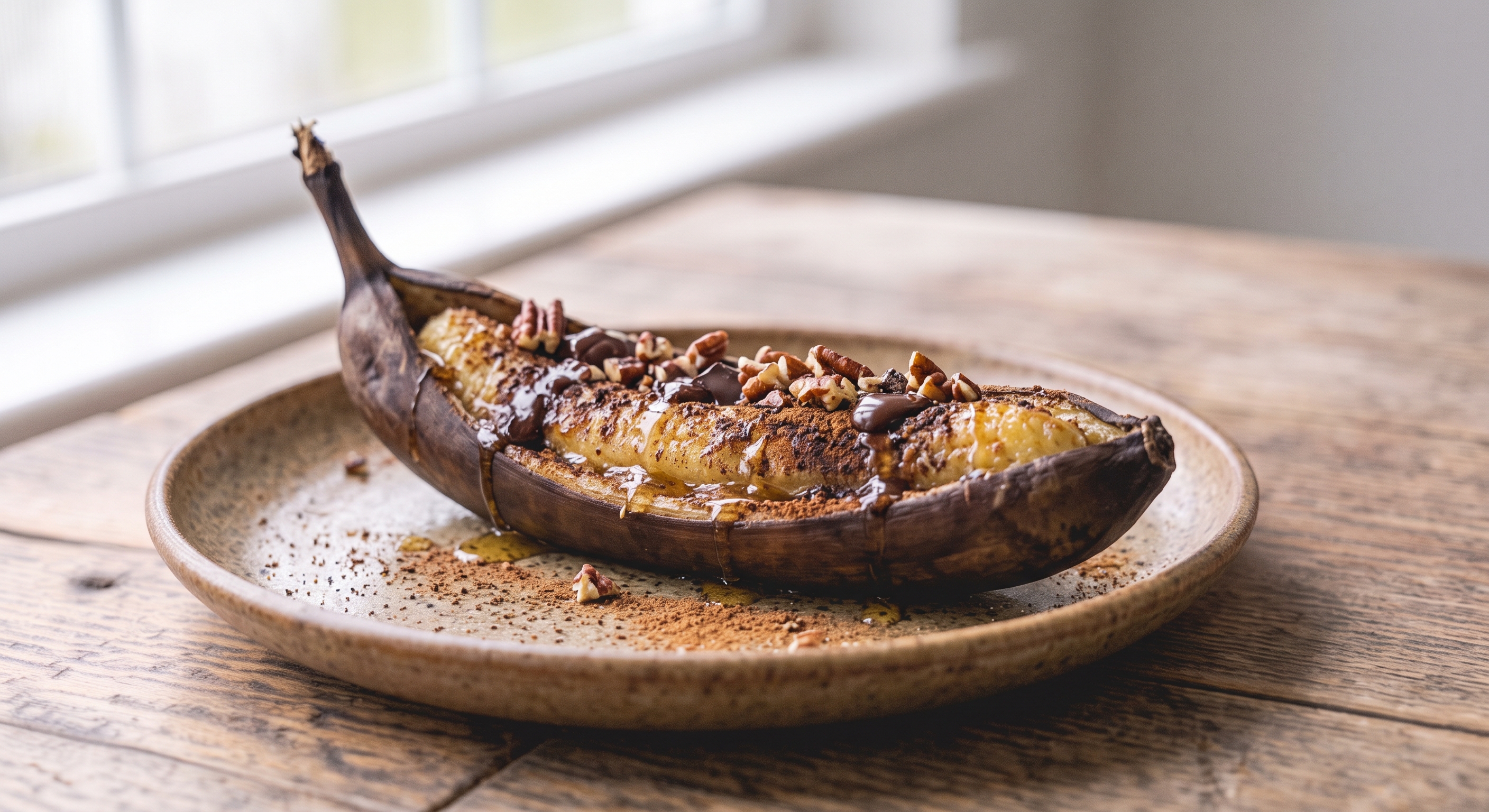 Una fotografía de primer plano rústica de un plátano entero asado con piel (estilo "banana boat") servido en un plato de cerámica moteada sobre una mesa de madera envejecida. El plátano está abierto longitudinalmente y relleno y cubierto generosamente con trozos de pacanas picadas, chocolate negro derretido, una llovizna de miel y un espolvoreado de canela en polvo. Al fondo, a la izquierda, hay una ventana con luz natural suave.