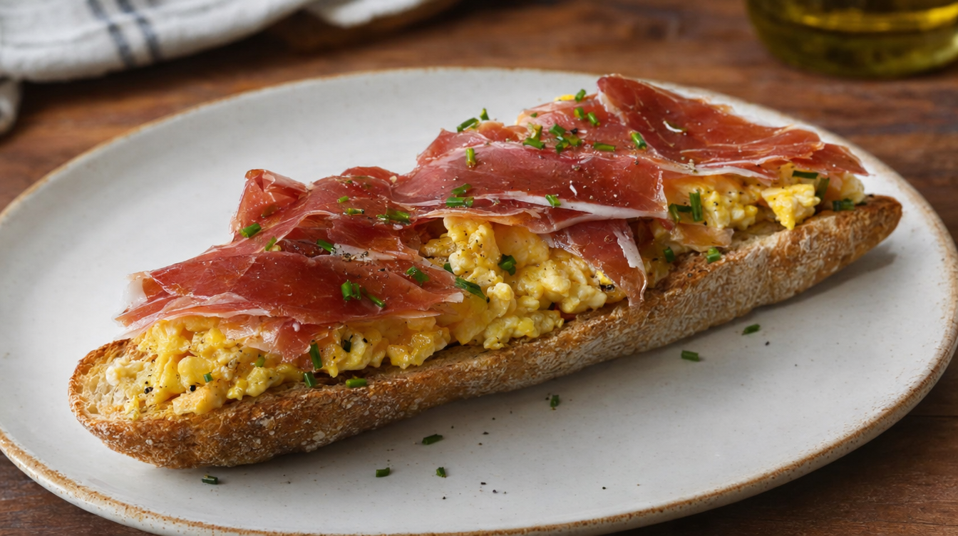 Tostada de pan de barra con huevos revueltos y jamón serrano