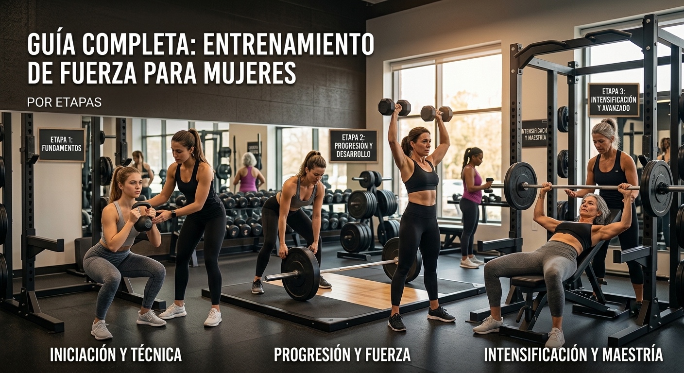 La imagen muestra tres escenas en un gimnasio moderno. La sección izquierda, "Iniciación y Técnica", presenta la "Etapa 1: Fundamentos" con una mujer haciendo sentadilla con pesa rusa asistida por una entrenadora. La sección central, "Progresión y Fuerza", presenta la "Etapa 2: Progresión y Desarrollo" con una mujer haciendo peso muerto y otra press de hombros. La sección derecha, "Intensificación y Maestría", presenta la "Etapa 3: Intensificación y Avanzado" con una mujer haciendo press de banca asistido. Pequeños letreros de madera indican cada etapa.
