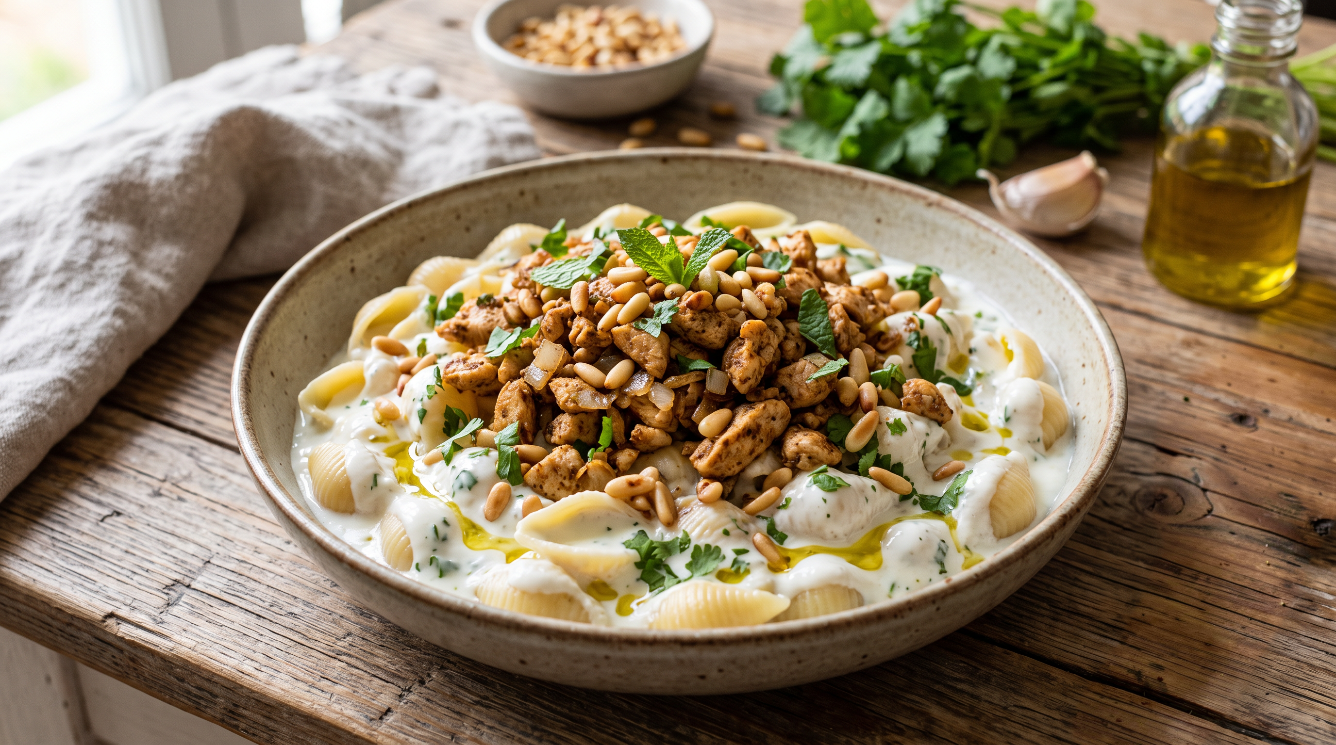 Pasta con yogur y pollo estilo libanés