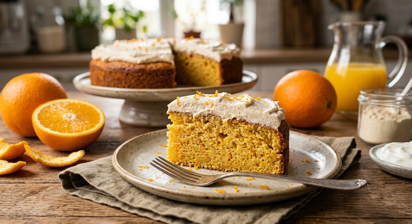 Rebanada de pastel de naranja saludable con proteína, cubierto con frosting de yogur griego y ralladura. De fondo se aprecia la torta entera, naranjas frescas y jugo sobre una mesa rústica de madera.
