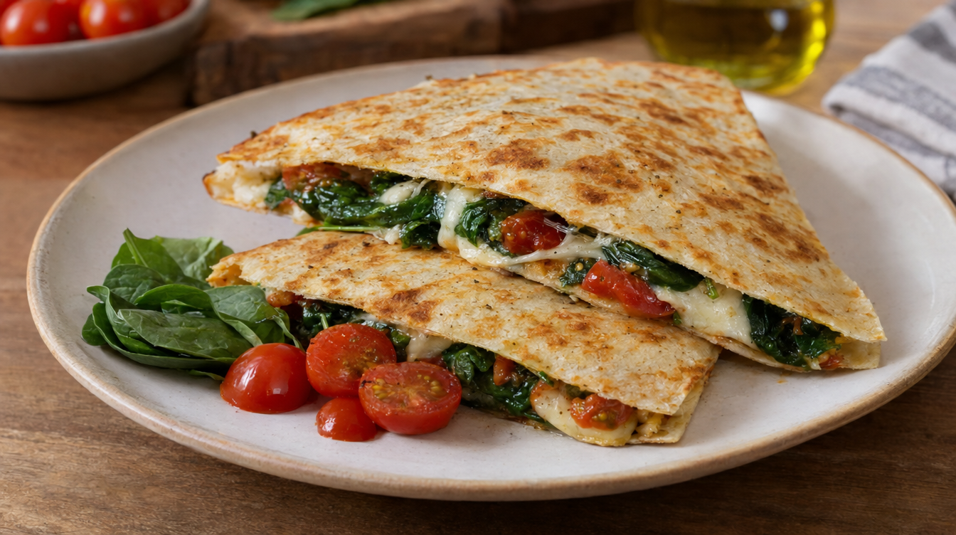 Quesadillas con espinacas y tomates cherry
