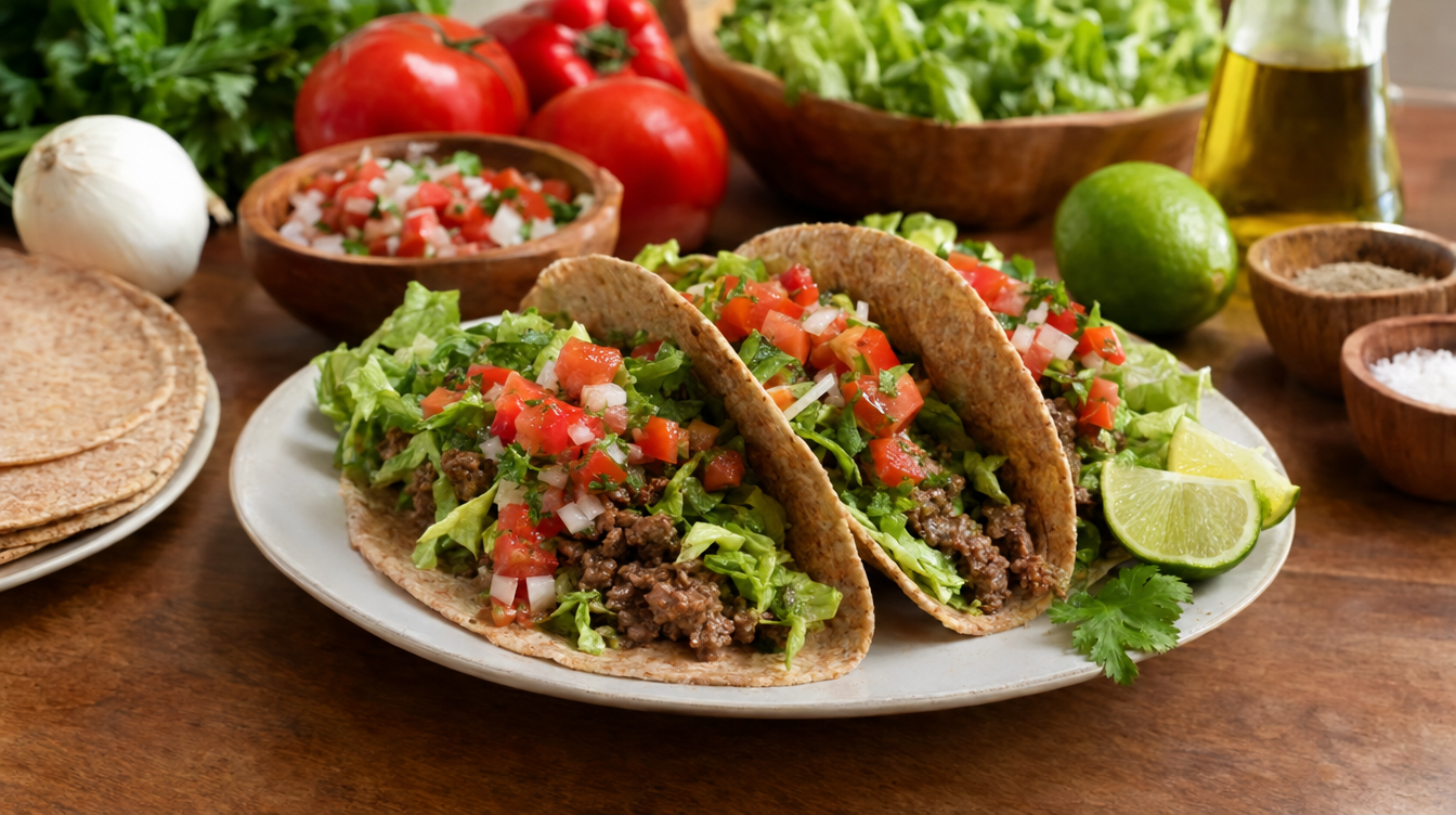 Tacos de picada de ternera con lechuga fresca y pico de gallo