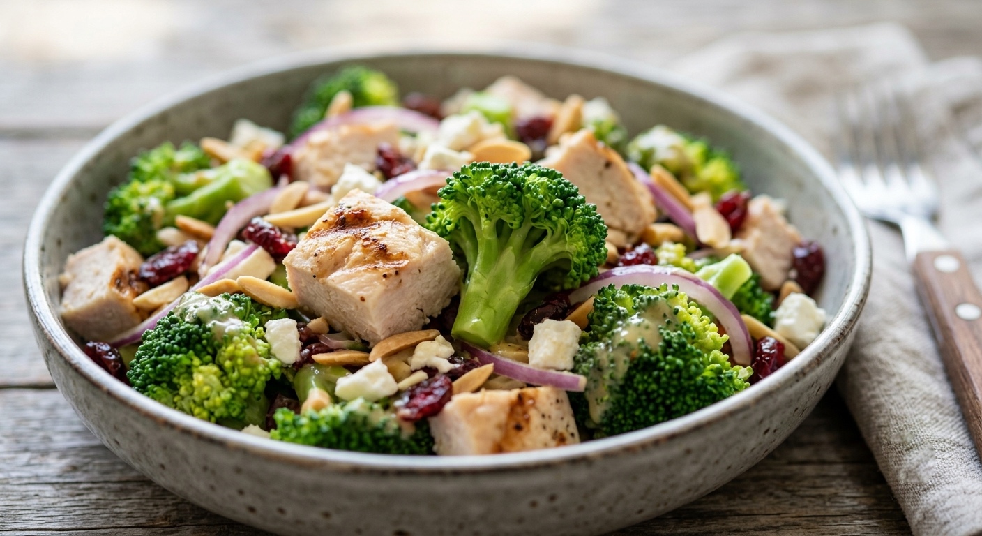 Un primer plano de un tazón de cerámica rústico lleno de una variada ensalada de brócoli y pollo a la parrilla. La ensalada incluye ramilletes de brócoli frescos, trozos de pollo a la parrilla, cebolla morada en rodajas, arándanos secos, almendras fileteadas y queso desmenuzado (probablemente feta o queso de cabra), todo ello rociado con un aderezo cremoso. El tazón está sobre una mesa de madera desgastada, con un tenedor y una servilleta desenfocados al fondo.