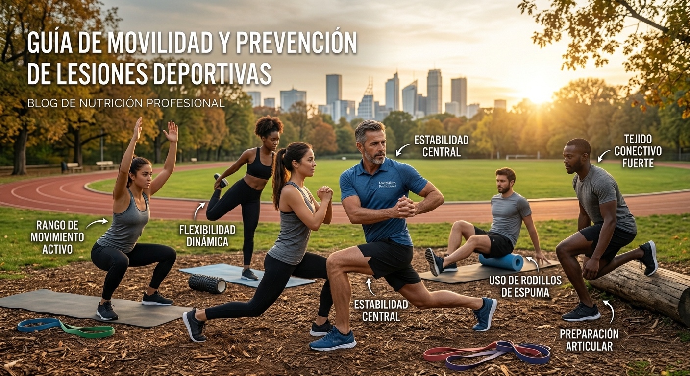 Grupo diverso de personas realizando ejercicios de estiramiento, movilidad y uso de rodillo de espuma (foam roller) en un parque al atardecer. Incluye etiquetas explicativas sobre rango de movimiento activo, flexibilidad dinámica, estabilidad central y preparación articular. Incluye el título: Guía de movilidad y prevención de lesiones deportivas.