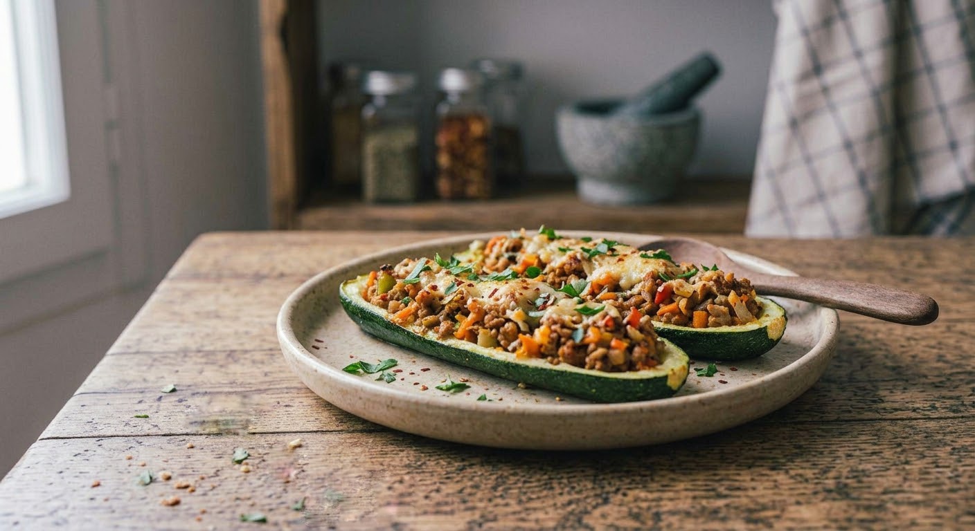 Dos mitades de calabacines rellenos de carne picada y verduras, cubiertas con queso derretido y guarnecidos con perejil fresco y copos de chile, en un plato de cerámica rústico sobre una mesa de madera. De fondo, estantes con tarros de especias y un mortero.