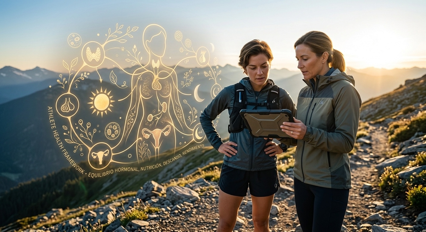 Una corredora y una profesional de la salud examinan una tableta robusta en un sendero rocoso de montaña al amanecer. Flotando a la izquierda, una infografía superpuesta de color dorado detalla un "Marco de Salud del Atleta", que vincula el equilibrio hormonal, la nutrición, el descanso y el rendimiento con iconos de órganos y el sistema endocrino femenino. El fondo muestra un paisaje montañoso épico con sol naciente