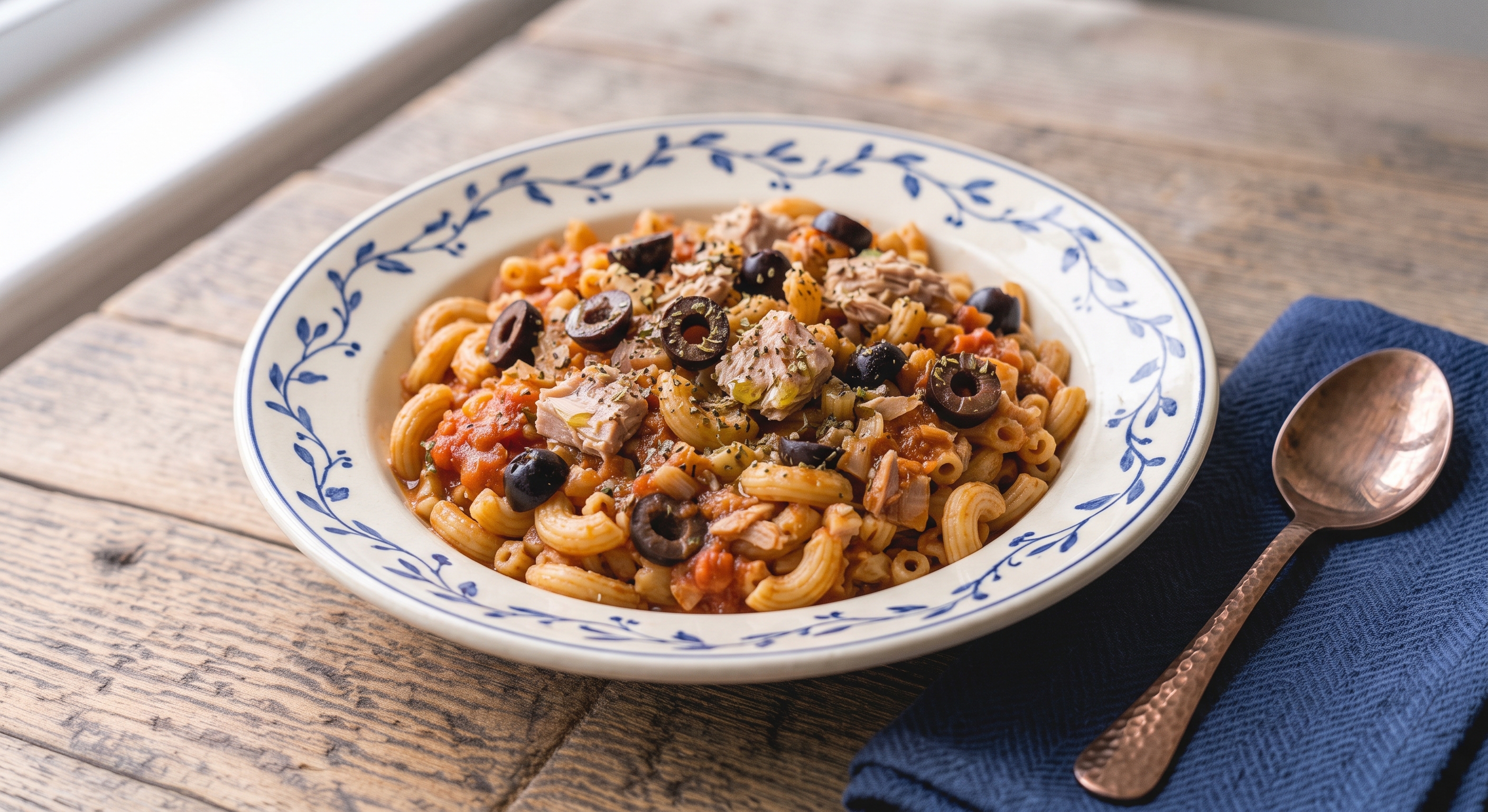 Pasta integral con atún, tomate y aceitunas
