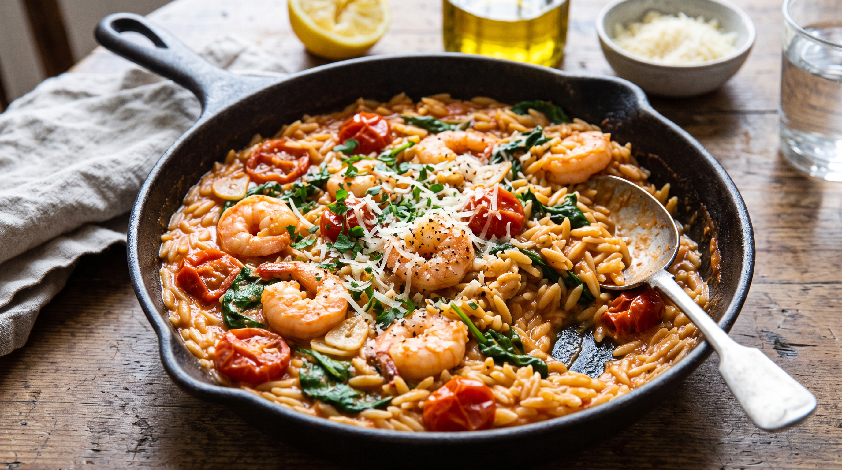 Orzo cremoso de gambas y tomate