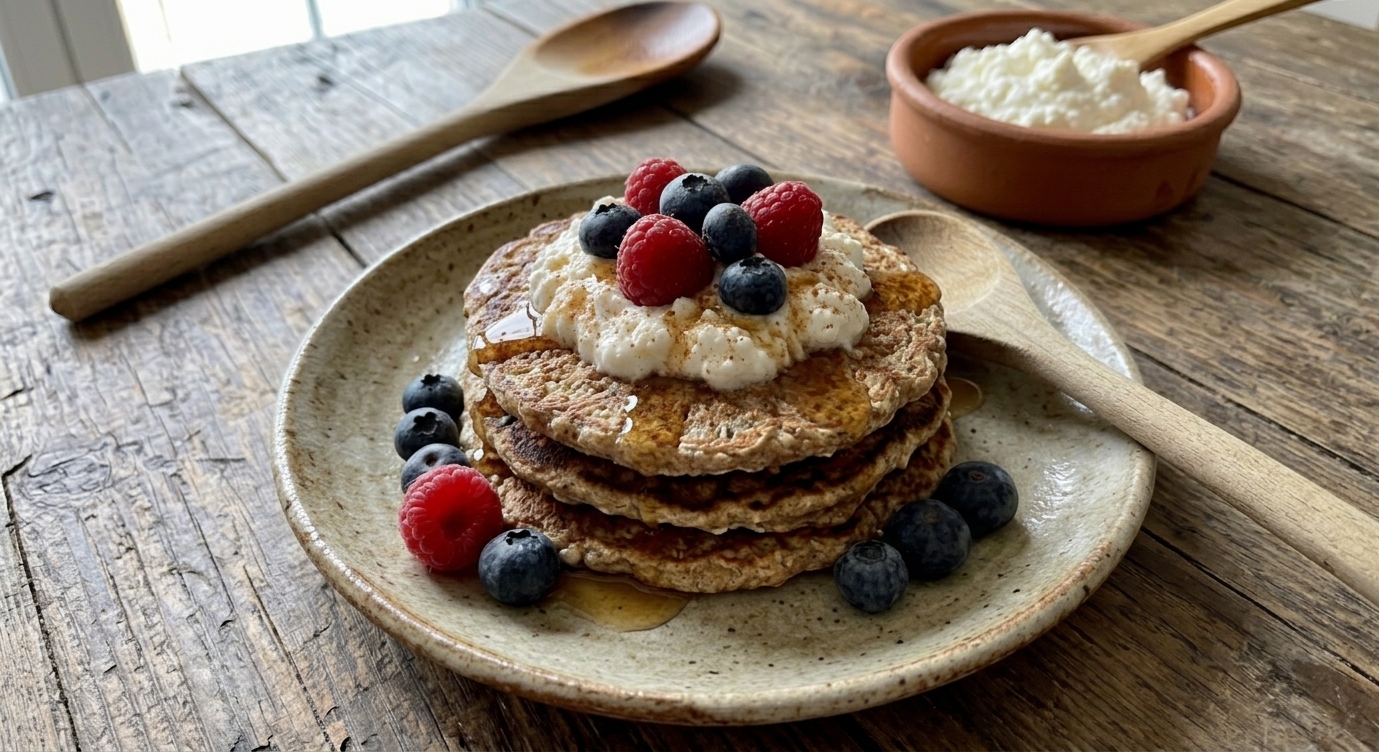 Una pila de tres tortitas rústicas de avena sobre una mesa de madera desgastada, coronadas con requesón cremoso, frambuesas frescas, arándanos y una llovizna de jarabe dorado. Se presentan en un plato artesanal, con cucharas de madera y un cuenco de requesón en el fondo.