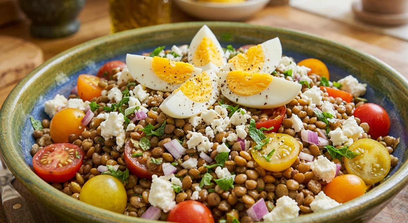 Un primer plano de un bol de cerámica rústica que contiene una ensalada de lentejas. La ensalada está cubierta con tomates cherry rojos y amarillos picados, cebolla roja picada, queso feta desmenuzado y gajos de huevo duro dispuestos en el centro con sal y pimienta.
