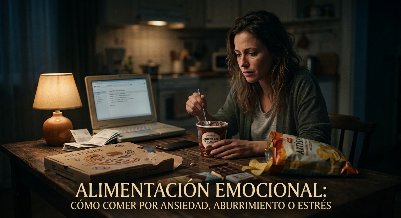 Una toma nocturna de una mujer de mediana edad con cabello desordenado y una expresión de fatiga, sentada a una mesa de madera desordenada y comiendo helado de chocolate con una cuchara directamente de una tarrina. La mesa está llena de objetos que sugieren estrés y alimentación de consuelo, incluyendo un ordenador portátil abierto con la pantalla encendida mostrando correos electrónicos, papeles, una caja de pizza vacía, una bolsa de patatas fritas abierta, tabletas de chocolate y un teléfono móvil boca abajo. La iluminación es tenue y proviene de una lámpara de mesa encendida. En la parte inferior de la imagen hay texto superpuesto en color dorado: "ALIMENTACIÓN EMOCIONAL: CÓMO COMER POR ANSIEDAD, ABURRIMIENTO O ESTRÉS".