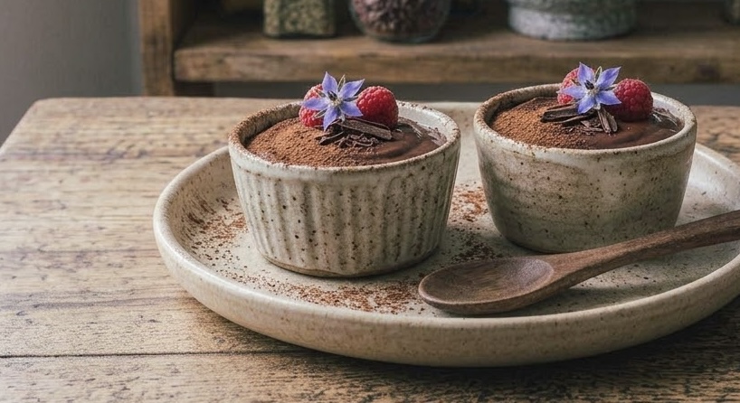 Dos moldes de cerámica rústica con postre de chocolate, frambuesas y flores comestibles sobre una mesa de madera.