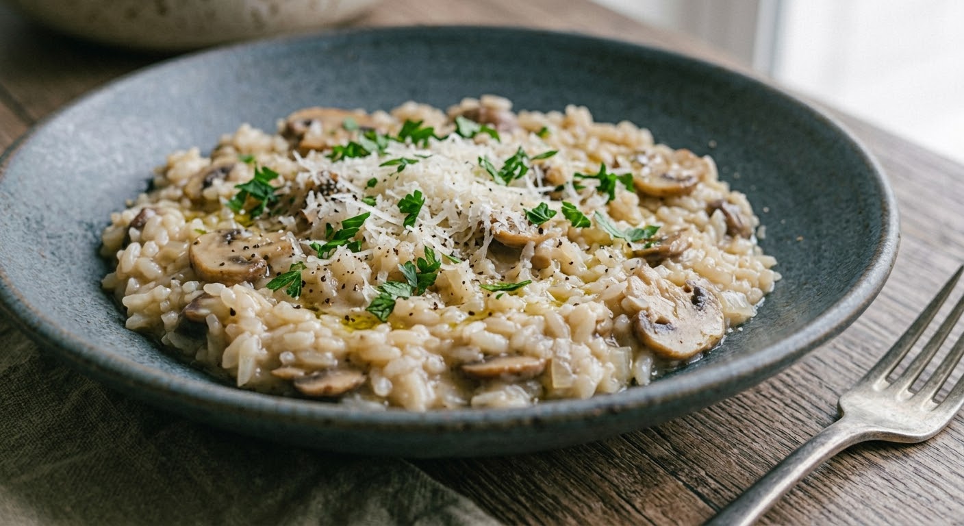 Un primer plano detallado de un plato de risotto cremoso de champiñones servido en un tazón de cerámica texturizada de color azul grisáceo. El risotto está cubierto con queso parmesano rallado, perejil fresco picado y pimienta negra molida. Se ven generosas rodajas de champiñones salteados mezcladas con el arroz. El tazón descansa sobre una mesa de madera rústica con una servilleta de lino verde oliva y un tenedor de metal a la derecha. La luz natural suave ilumina la escena.