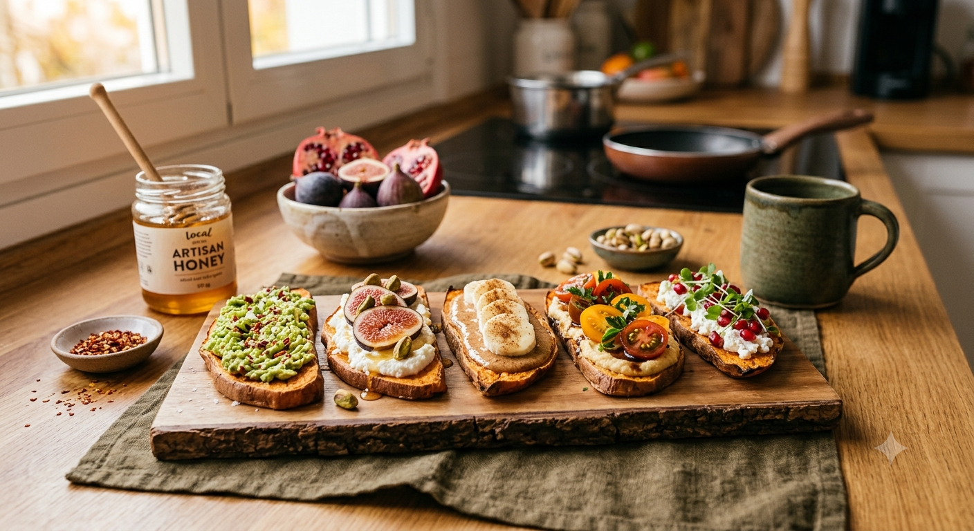 Tabla de madera con cinco tostadas de boniato asado servidas con diferentes toppings saludables, dulces y salados, como aguacate, higos, plátano, tomates cherry y granada."