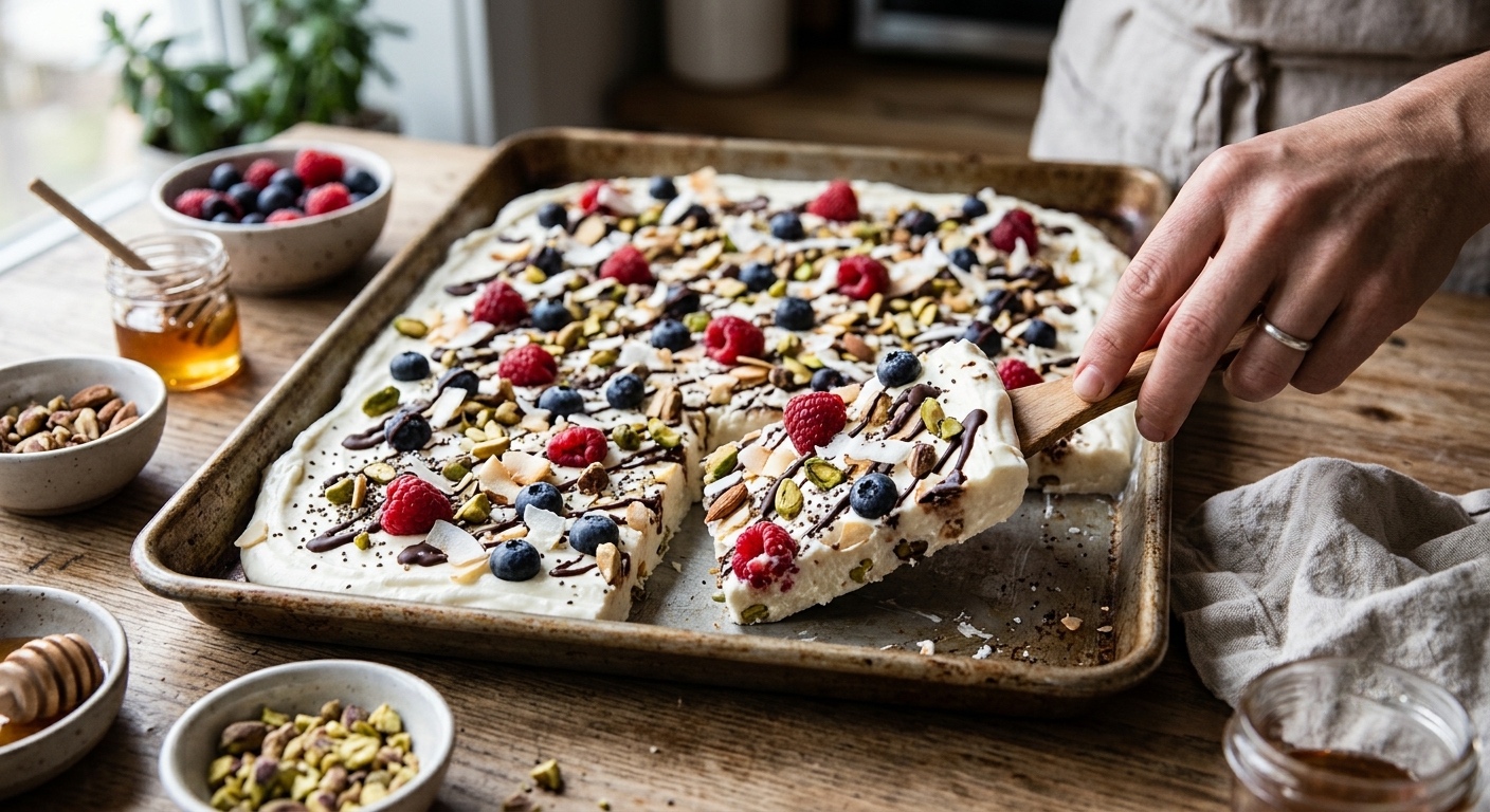 Mano sirviendo con una espátula de madera una porción de corteza de yogur helado decorada con frutos rojos, pistachos, coco y chocolate sobre una bandeja rústica