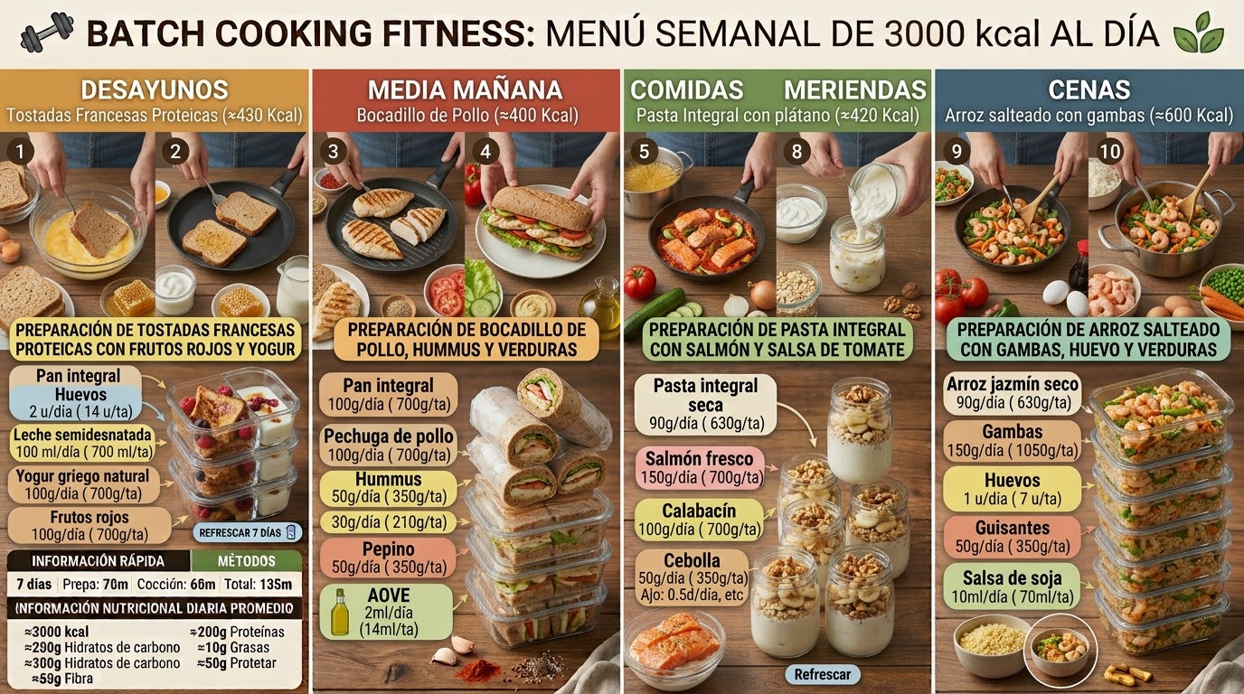 Una infografía detallada titulada "BATCH COOKING FITNESS: MENÚ SEMANAL DE 3000 kcal AL DÍA", organizada en columnas sobre un fondo de madera rústica. Muestra el proceso de preparación, ingredientes y almacenamiento para cinco comidas diarias.  Desayunos (≈430 kcal): Titulado "Tostadas Francesas Proteicas". Muestra fotos de manos bañando pan de molde en huevo batido y cocinándolo en una sartén. Incluye la lista de ingredientes (Pan integral, Huevos, Leche semidesnatada, Yogur griego natural, Frutos rojos) y una pila de tres recipientes de vidrio con las tostadas y los frutos rojos listos para refrigerar.  Media Mañana (≈400 kcal): Titulado "Bocadillo de Pollo". Muestra pechugas de pollo cocinándose a la plancha y el montaje de un bocadillo. Lista los ingredientes (Pan integral, Pechuga de pollo, Hummus, Pepino, AOVE) junto a una alta torre de fiambreras y bocadillos envueltos y apilados.  Comidas y Meriendas (≈420 kcal): Esta sección central comparte imágenes de "Pasta Integral con salmón y salsa de tomate" cocinándose en una sartén, y manos preparando tarros de cristal con yogur. Lista ingredientes de la comida (Pasta integral seca, Salmón fresco, Calabacín, Cebolla) y muestra varios tarros de cristal apilados que contienen la merienda de queso batido con rodajas de plátano y nueces.  Cenas (≈600 kcal): Titulado "Arroz salteado con gambas". Muestra el proceso de cocinar gambas, guisantes y zanahorias en una sartén honda y mezclarlo con arroz. Lista de ingredientes (Arroz jazmín seco, Gambas, Huevos, Guisantes, Salsa de soja) al lado de una torre de siete recipientes de vidrio llenos de las raciones de arroz salteado terminadas. En la esquina inferior izquierda hay dos recuadros:  INFORMACIÓN RÁPIDA: Indica 7 días, Preparación: 70m, Cocción: 65m, Total: 135m.  INFORMACIÓN NUTRICIONAL DIARIA PROMEDIO: Muestra el objetivo de ≈3000 kcal, junto al desglose de macros (Proteínas, Hidratos de carbono, Grasas y Fibra).