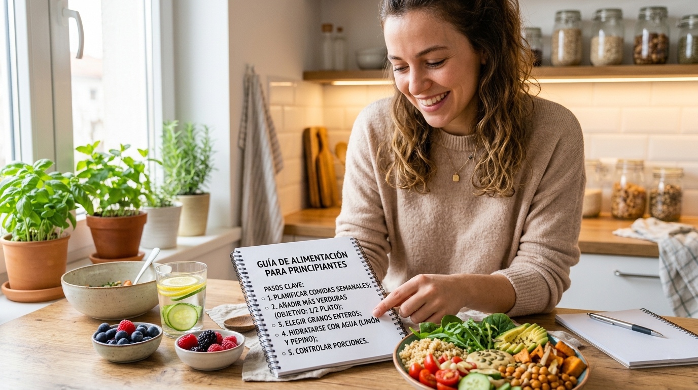 Mujer joven sonriendo en una cocina luminosa mientras señala un cuaderno con el título 'Guía de alimentación para principiantes'. Sobre la mesa de madera hay un tazón con una comida saludable a base de vegetales, quinoa y aguacate, junto con frutos rojos y un vaso de agua con limón